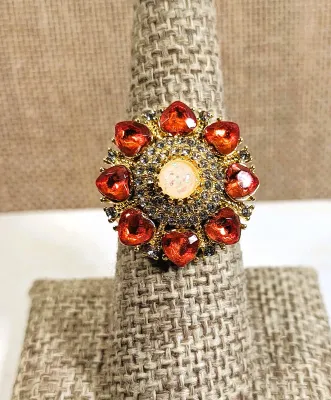 **New Arrival** Size 7¼ "FLOWER HEARTS" RING with 8 Light Red Colored Heart Shaped Stones, Center Iridescent Globe &...