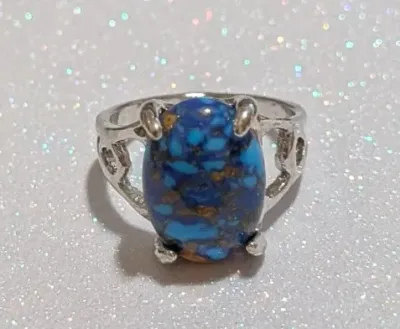 **NEW ARRIVAL** Size 5¼ BLUE & RUST "Mottled" Oval Cabochon 4-Prong Stone RING with a "CIRCLE in the MIDDLE" Band...