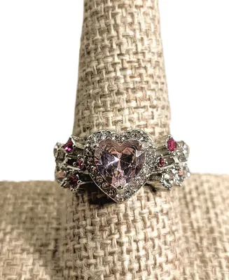 **New Arrival** Size 9½ Large PINK HEART Stone RING with Heart Surround & Red and Clear Stones Side Accents on a Silver Tone Setting...
