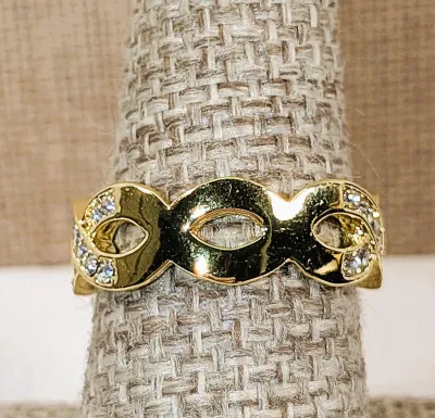 **New Arrival** Size 7¾ Ornate Bejeweled Clear Oval Main Stone RING with Side Loop Accents and Interesting Looped Gold Tone Setting &...