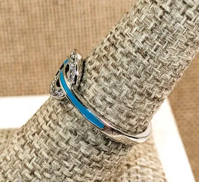 **New Arrival** Size 8¼ "Loop on a Line" Style RING with Enameled Blue/Green Line and Jeweled Loop on a Silver Tone Setting and...