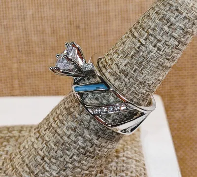 **New Arrival** Size 7 Large "Hi-Rise" 6-Prong Clear Round Stone RING with Both Enameled and Hollowed Band on a Silver Tone...