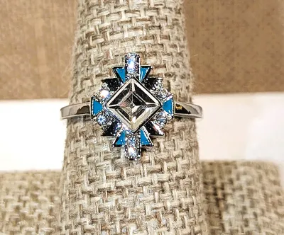 **New Arrival** Size 8¼ Sideways Clear Square Stone RING with Enameled Blue/Green "Spikes" on a Silver Tone Setting and Band...