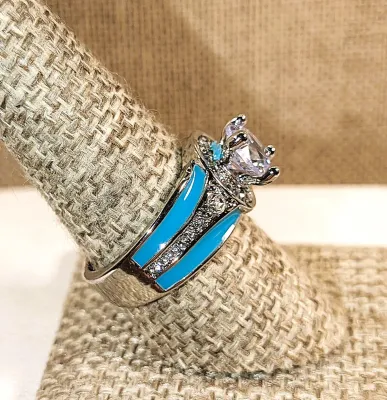**New Arrival** Size 9 Large "Diamond Style" Round Main Stone RING with Jeweled Circle Surround and Blue Enamel Side Accents on...