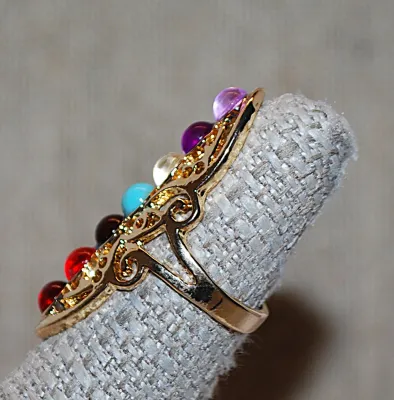 Size 6½ MULTICOLOR Half Globe BEADS Party RING on a Gold Tone Filagree Setting and Band (6.4g)
