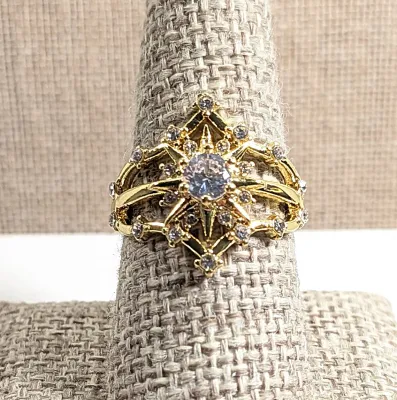 Size 8½ Gold Colored "Web-Like BOUQUET" RING with 22 Tiny Clear Stones on the Points and 6-Prong Clear Center Main Stone &...
