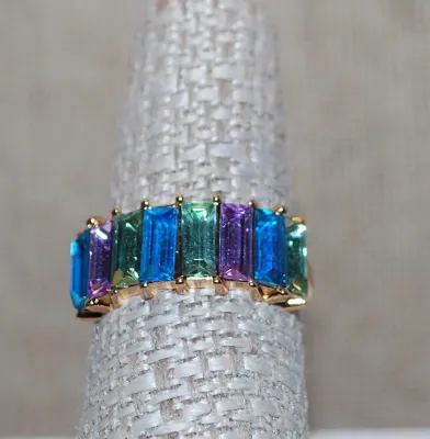 Size 8 Multicolor Set of 8 Pink, Purple, Green + Blue BAGUETTES RING on a Gold Tone Band (2.8g)