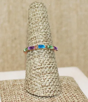 Size 7¼ Delicate Multicolor BAGUETTES RING with Pink, Green, Purple & Blue Stones on a Gold Tone Band (1.8g)