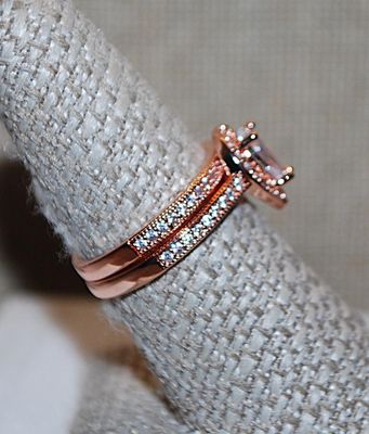 Size 7 Rose Gold WEDDING SET RINGS with Clear PEAR Center Stone & Bejeweled Surround and Side Band Accents on a Rose Gold Band (4.1g)