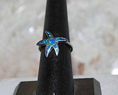 Size 6 Green & Blue Enamel Insert STARFISH RING on a Silver Tone Setting (2.8g)