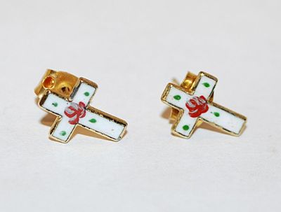 Delicate "ROSE on a CROSS" EARRINGS Set (¼") on a White Base and Green Spots and Stud Post Clasp