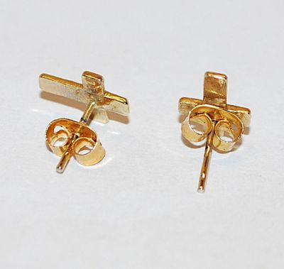 Delicate "ROSE on a CROSS" EARRINGS Set (¼") on a White Base and Green Spots and Stud Post Clasp