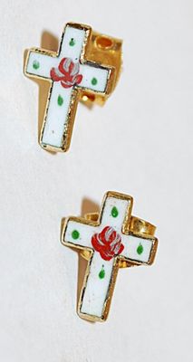 Delicate "ROSE on a CROSS" EARRINGS Set (¼") on a White Base and Green Spots and Stud Post Clasp