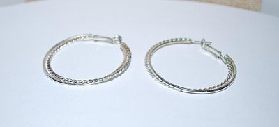 Silver Colored Rope-Style HOOP EARRINGS (1¾" Diam.) Set with Double Rings and Huggie Clasp