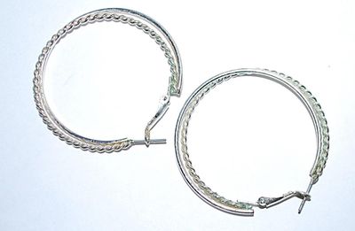 Silver Colored Rope-Style HOOP EARRINGS (1¾" Diam.) Set with Double Rings and Huggie Clasp