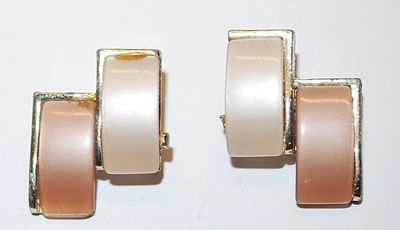 Double Rectangles EARRINGS with Pink and Beige Sections and a Snap-On Clasp