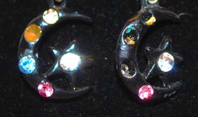 Star and Crescent Moon Earrings with Multi-Color Stone Accents ¾" Diam.