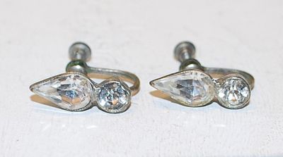 VINTAGE 1930-1940's Silver Colored Earrings with a Pear & Round Stones Set with a Screw Style Clasp