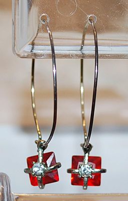 Vintage RED Wrapped Holiday Presents EARRINGS Pair (1¾" Diam.) with a Single Stone and Silver Colored Ribbon on a Hoop Style Clasp