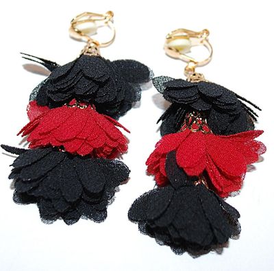 RED & BLACK "Feathered" EARRINGS with Gold Tone Leverback Capped Clasp
