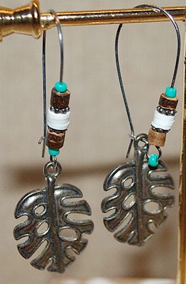 Serrated Metal Leaves EARRINGS with Bead Accents and Snap Hook Clasp