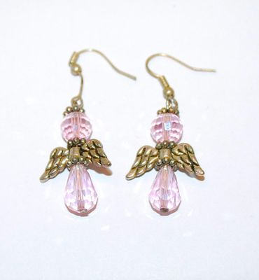 Pink Beads "ANGEL" EARRINGS Set with Metal "Wings" and a Wire Hook Clasp