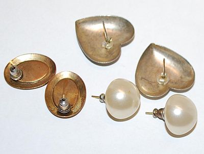 Collection of 3 Vintage EARRINGS Sets including HEARTS, Faux PEARLS and Black/Gold "Buttons"