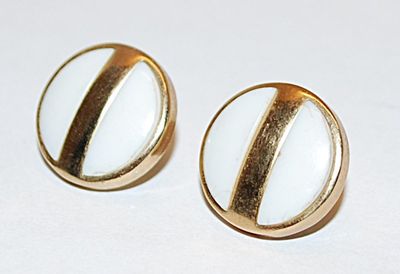 Vintage White Enamel Button-Style EARRINGS Set with Center Gold Colored Stripe and Stud Post Clasp
