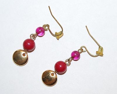 Gold Colored Disks & Purple Beads EARRINGS Set with Wire Hook Clasp