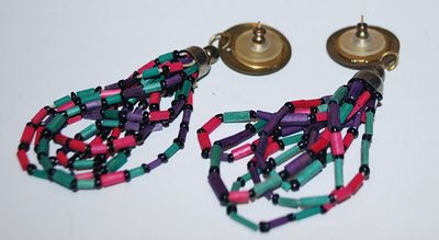 Pink, Green & Purple Bead EARRINGS Set with Gold Tone Circle and Stud Pin Clasp