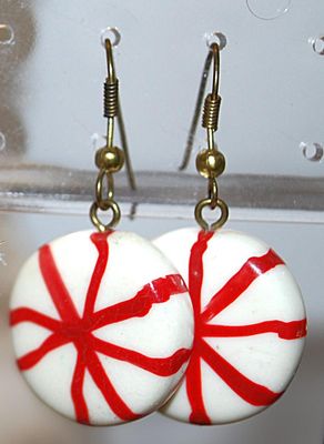 Vintage RED & WHITE PEPPERMINT EARRINGS Pair (¾" Diam.) with a Wire Hook Clasp