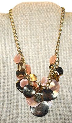 Cluster of Pink, Gold & Silver Colored Metal and Acrylic Disks NECKLACE on Gold Tone Necklace Chain and Lobster Clasp 15" L