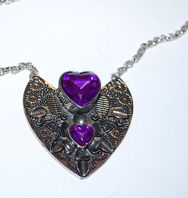 ***NEW SALE PRICE*** Double PURPLE HEARTS NECKLACE / PENDANT Combo (1½" x 1½") on a Metal Cut-Out Heart Setting Designed with...