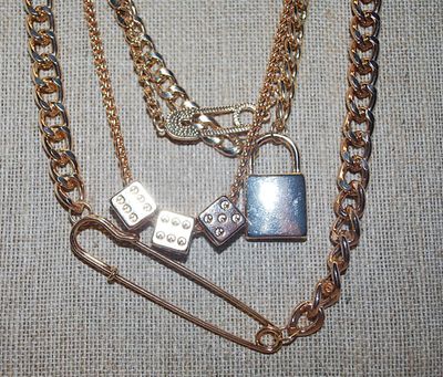 ***NEW SALE PRICE*** Unique Solid Gold Tone NECKLACE with Pins, Lock & Dice on 4 Different Style Chains and Lobster Clasp 20" L