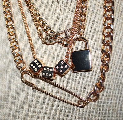 ***NEW SALE PRICE*** Unique Solid Gold Tone NECKLACE with Pins, Lock & Dice on 4 Different Style Chains and Lobster Clasp 20" L