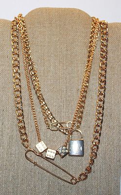 ***NEW SALE PRICE*** Unique Solid Gold Tone NECKLACE with Pins, Lock & Dice on 4 Different Style Chains and Lobster Clasp 20" L