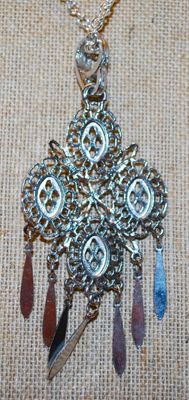All Silver Tone Large Dangles PENDANT (4" x 2") on a Silver Tone Necklace Chain 19" L