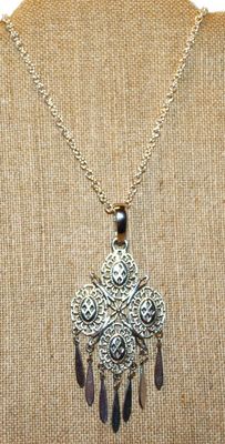 All Silver Tone Large Dangles PENDANT (4" x 2") on a Silver Tone Necklace Chain 19" L