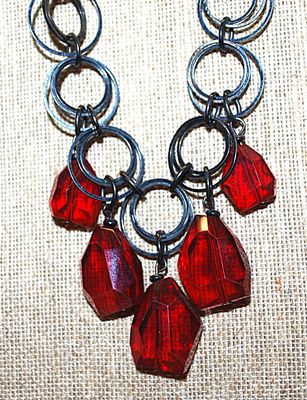 ***NEW SALE PRICE*** Black Rings NECKLACE with 5 Chunky Bright RED Beads and Lobster Clasp 20" L
