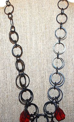 ***NEW SALE PRICE*** Black Rings NECKLACE with 5 Chunky Bright RED Beads and Lobster Clasp 20" L