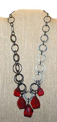 ***NEW SALE PRICE*** Black Rings NECKLACE with 5 Chunky Bright RED Beads and Lobster Clasp 20" L