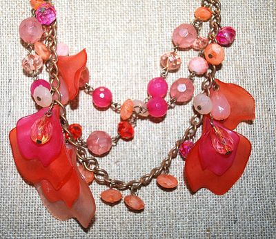 ***NEW SALE PRICE*** Very RED "Chips & Beads" NECKLACE with Double Strand Brass-Tone Necklace Chain and Lobster Clasp...