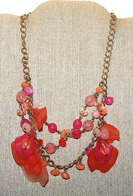 ***NEW SALE PRICE*** Very RED "Chips & Beads" NECKLACE with Double Strand Brass-Tone Necklace Chain and Lobster Clasp...