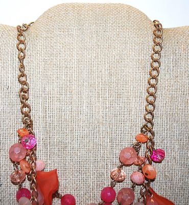 ***NEW SALE PRICE*** Very RED "Chips & Beads" NECKLACE with Double Strand Brass-Tone Necklace Chain and Lobster Clasp...
