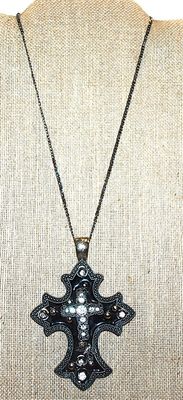Very Large BLACK Bejeweled CROSS/PENDANT (4" x 2¾") with SNAP HOLDER on a Silver Tone Necklace Chain 17" L