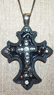 Very Large BLACK Bejeweled CROSS/PENDANT (4" x 2¾") with SNAP HOLDER on a Silver Tone Necklace Chain 17" L