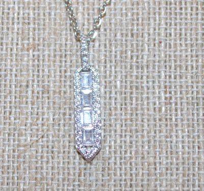 Clear Stones Parallelogram PENDANT (1¼" x ¼") on a Silver Tone Necklace Chain 17" L