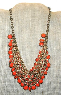 Rows & Rows of DOUBLE-SIDED ORANGE DISKS NECKLACE with Gold Tone Perimeters, Chain and Lobster Clasp 15" L