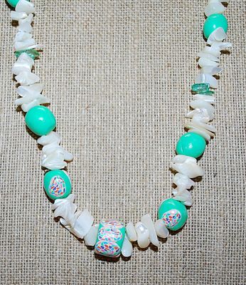 Tropical Fun NECKLACE with Decorated Green Beads and Cut SHELLS & Large Wire Hook Silver Tone Clasp 22" L