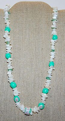 Tropical Fun NECKLACE with Decorated Green Beads and Cut SHELLS & Large Wire Hook Silver Tone Clasp 22" L